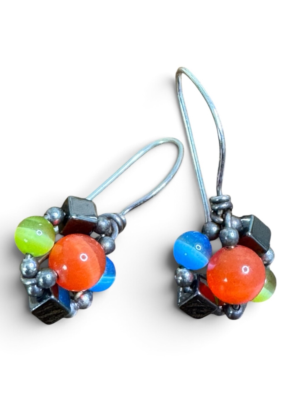 Multicolour Cat’s Eye Bead Cluster Drop Earrings - Sterling Silver Handmade